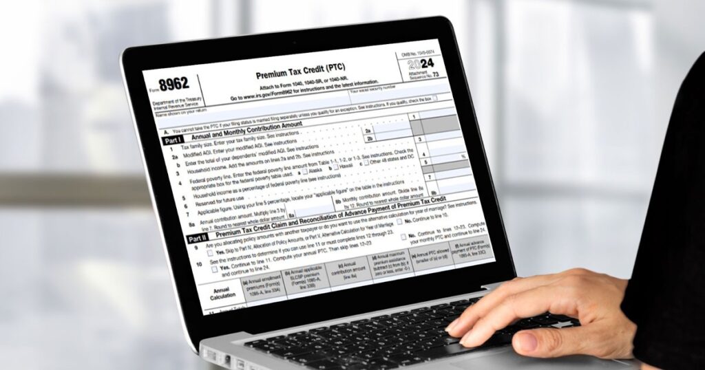Laptop shows the tax form 8962 for the Premium Tax Credit, with explanatory text visible.