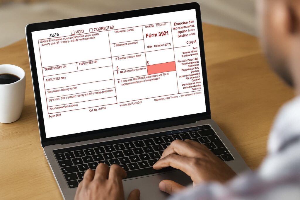 Close-up of a laptop displaying IRS Form 3921, illustrating the process of filing taxes for employers and employees.