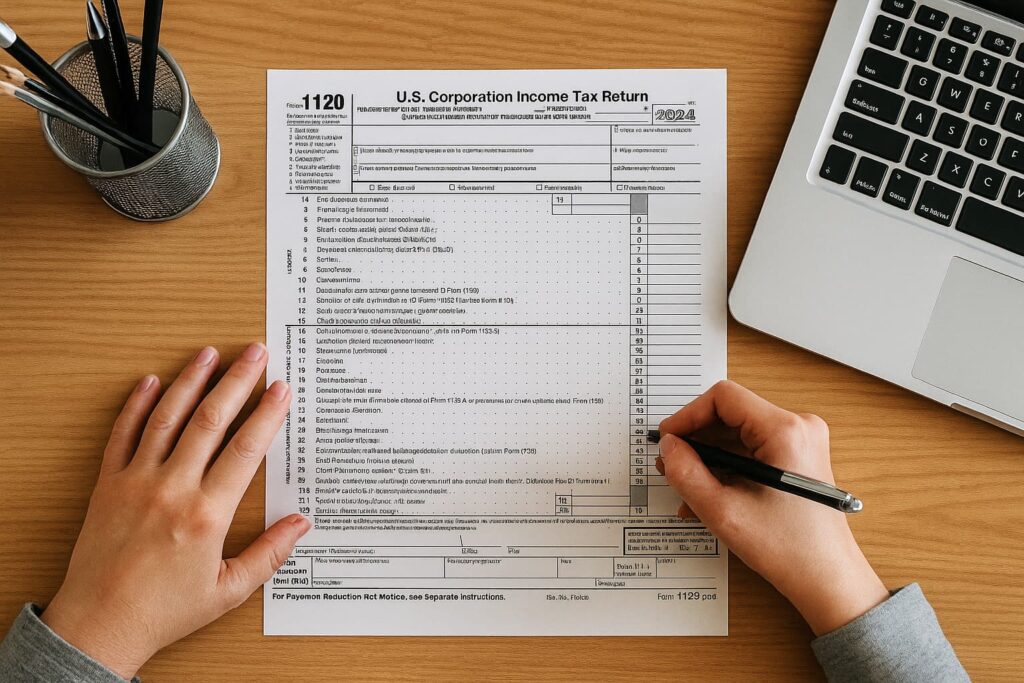 Woman completing a tax form on a desk, referencing the Form 1120 Filing Guide for C Corporations' IRS tax filing.