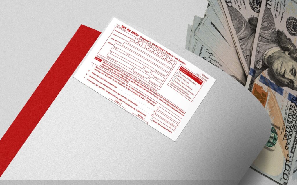 IRS Form 941 for 2025 placed on a folder beside U.S. dollar bills, symbolizing federal tax filing, employer reporting, and payroll compliance.