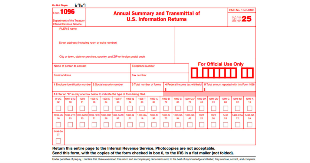 Form 1096: Annual Summary and Transmittal of U.S. Information Returns to the IRS, 2025