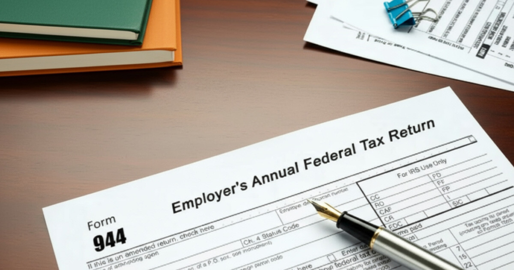 Employee tax return document form 944, with financial details and personal information for tax filing purposes.
