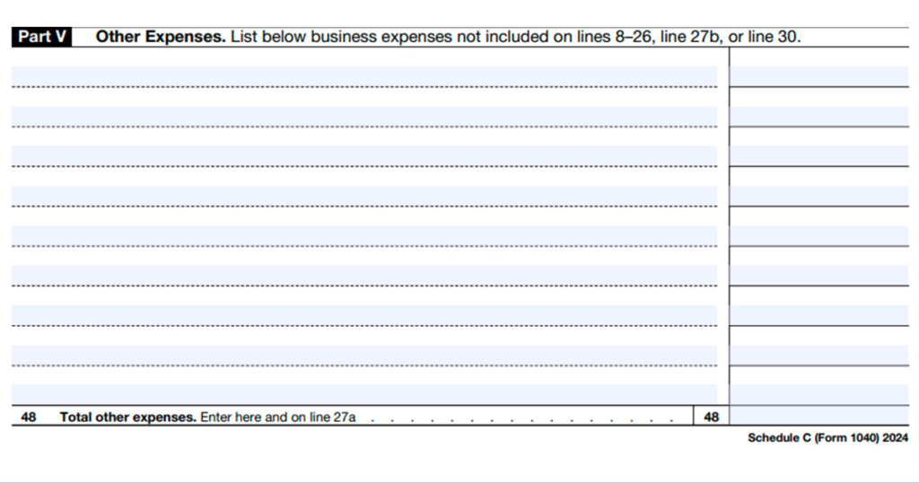 Schedule C Form 1040, providing instructions for recording other expenses provided in the column