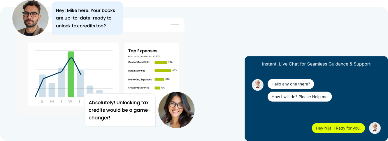 A composite graphic showing two conversations (a business discussion and a live chat) overlaid on a financial dashboard displaying a revenue trend line and Top Expenses led by Rent Expenses at 40%