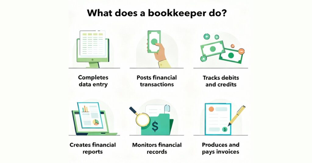 Image illustrating the role of a bookkeeper, detailing their responsibilities in managing financial records and transactions.