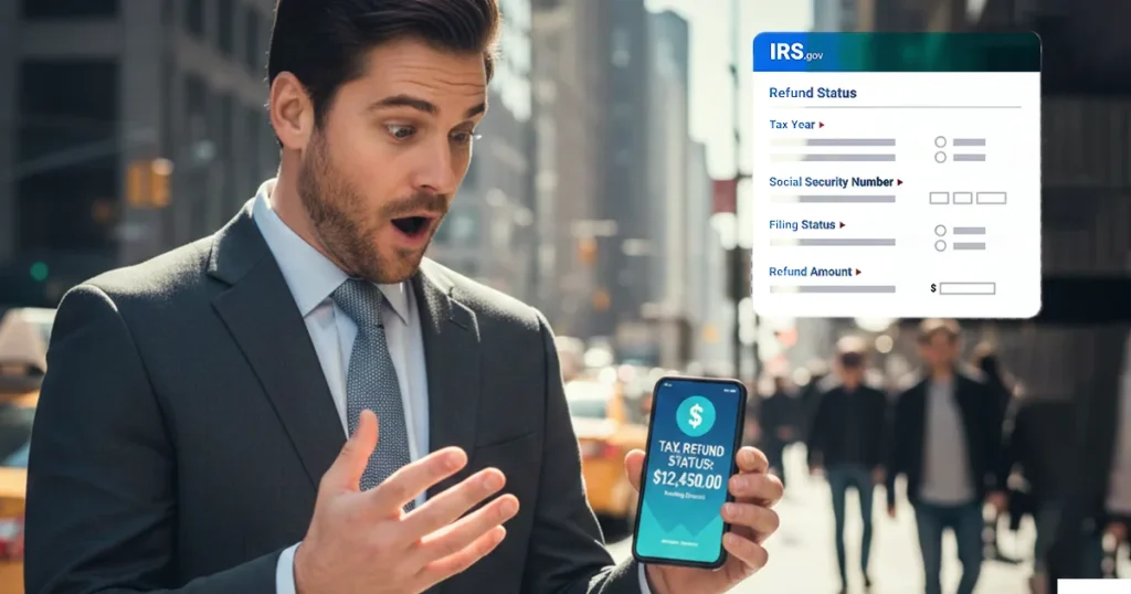 Man surprised by large tax refund shown on his phone.