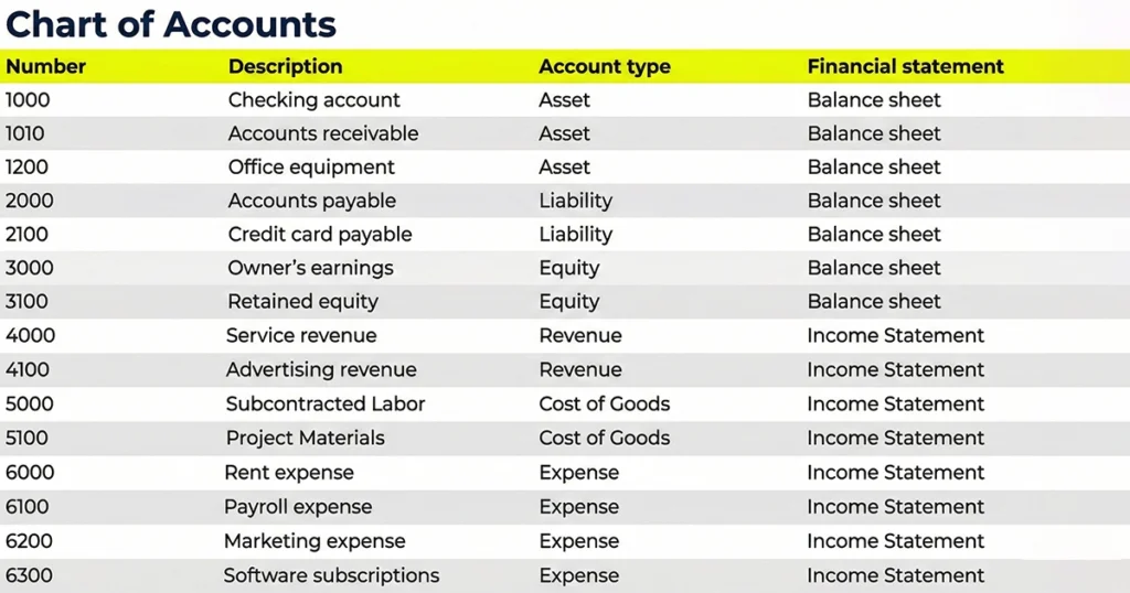 Chart of accounts table listing assets, liabilities, revenues, and expenses