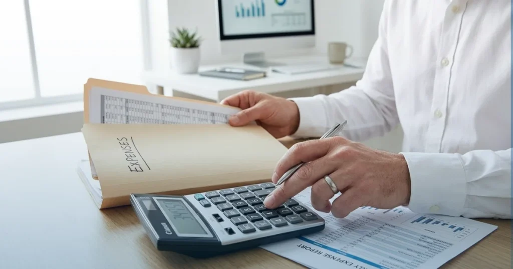 Close-up of a person in a white collared shirt using a calculator while holding financial paperwork, representing accounts payable and liability questions.