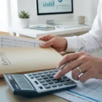 Close-up of a person in a white collared shirt using a calculator while holding financial paperwork, representing accounts payable and liability questions.