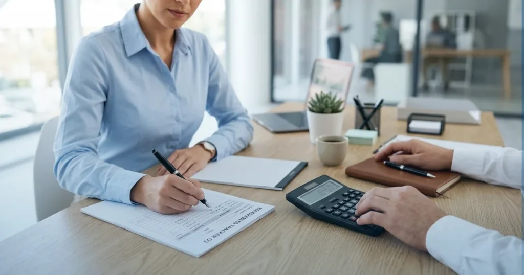 Close-up of two people in a collared shirt using a calculator while holding financial paperwork, representing accounts payable and liability questions.