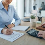 Close-up of two people in a collared shirt using a calculator while holding financial paperwork, representing accounts payable and liability questions.