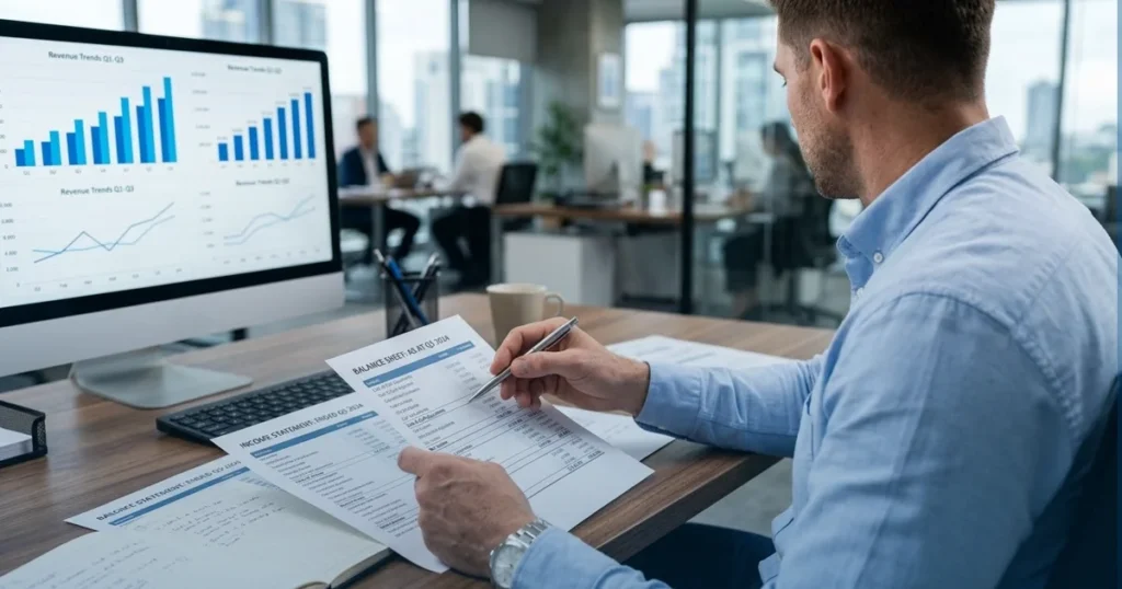 Close-up of a person in a white collared shirt using a calculator while holding financial paperwork, representing accounts payable and liability questions.
