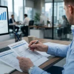 Close-up of a person in a white collared shirt using a calculator while holding financial paperwork, representing accounts payable and liability questions.