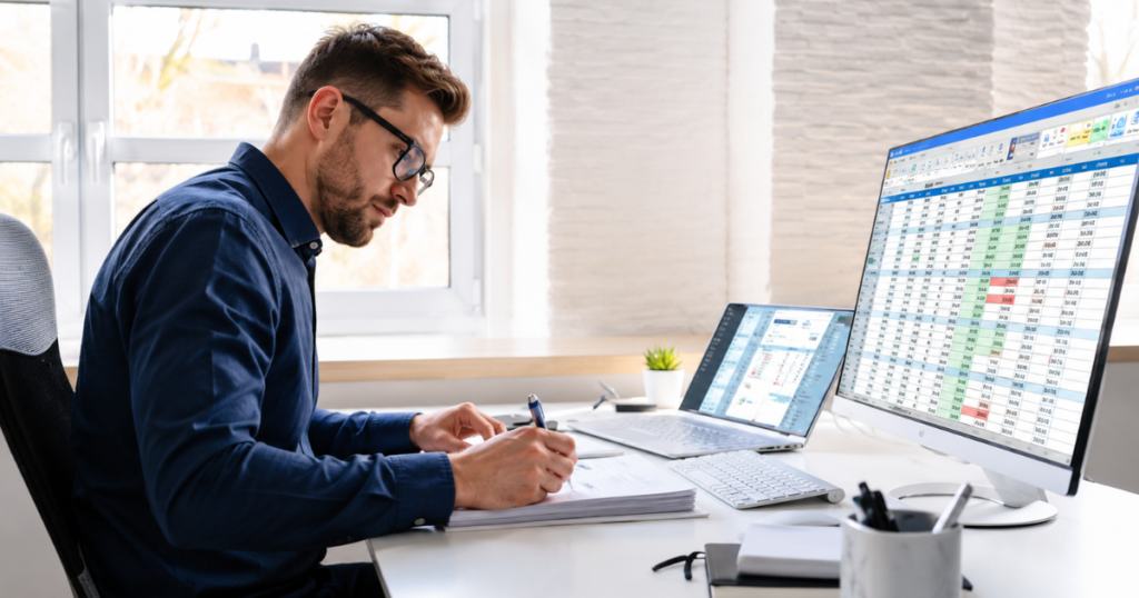 Business owner using bookkeeping software at a modern desk for small business accounting in 2026.