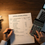 Accountant working on closing general entries with calculator and spreadsheet