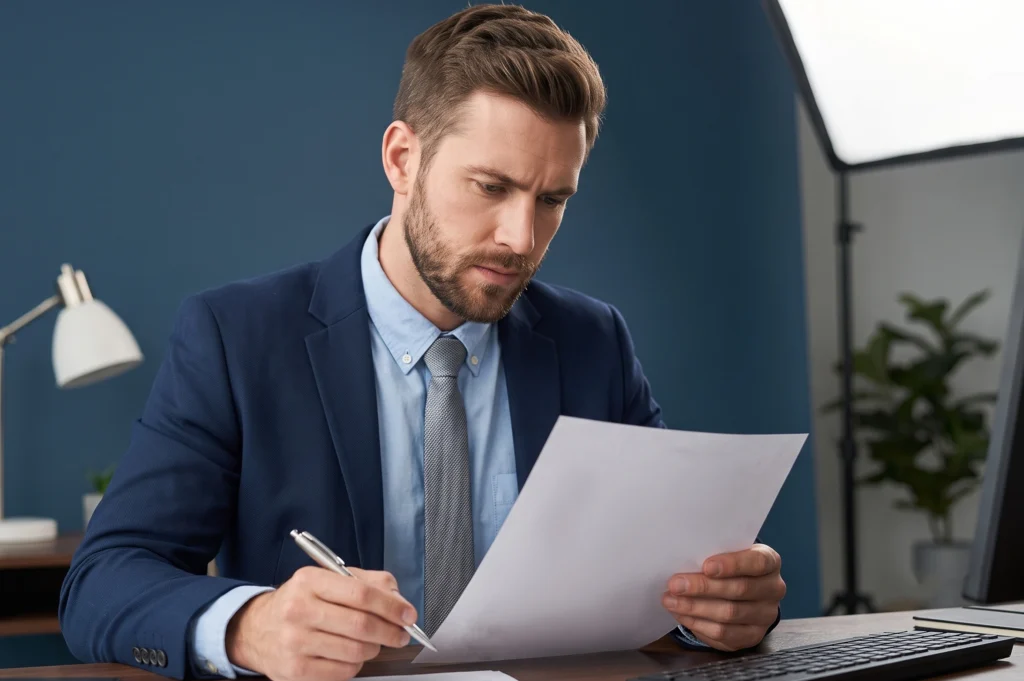 An Accountant sitting at a desk reviewing a document with a pen in hand.