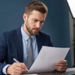 An Accountant sitting at a desk reviewing a document with a pen in hand.