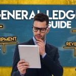 A man in a suit and glasses looking thoughtfully at a tablet, set against a background graphic explaining a "General Ledger Guide" with accounting terms.