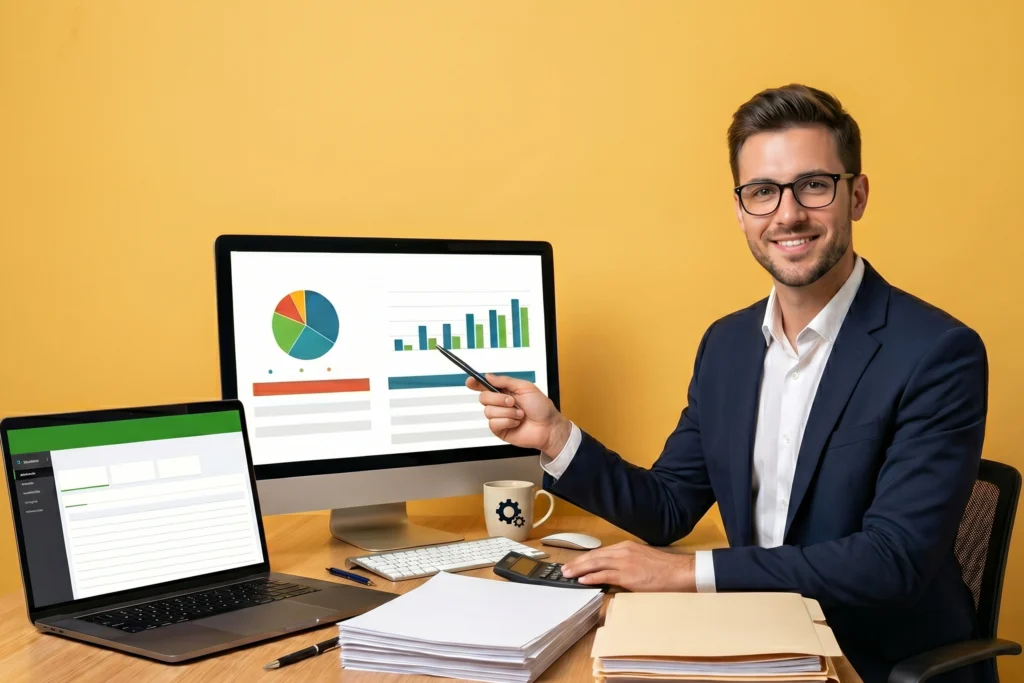 A professional man in a suit and glasses sitting at a desk with a computer and laptop showing financial charts, smiling and gesturing towards the screen.