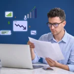 A Man reviewing financial reports at his desk with growth and decline metric icons floating nearby.