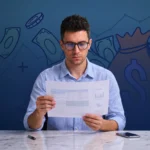 Man reading financial report with money graphics in the background.
