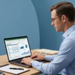 A professional working at a desk on a laptop displaying a balance sheet, with ledgers and client data folders nearby