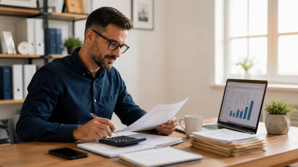 Small business owner reviewing financial documents and bookkeeping records on a laptop at an organized office desk