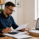 Small business owner reviewing financial documents and bookkeeping records on a laptop at an organized office desk