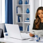 Businesswoman reviewing financial data on paper and laptop computer
