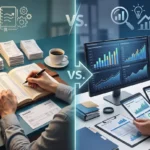 Side-by-side comparison of traditional paper accounting versus modern digital analytics.